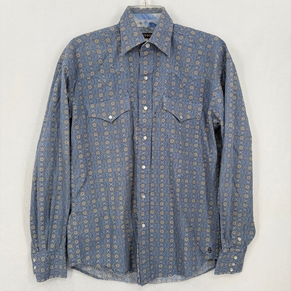 Stetson Mens Snap Front Western Shirt Blue Geometric‎ Print Long SleeveSize S